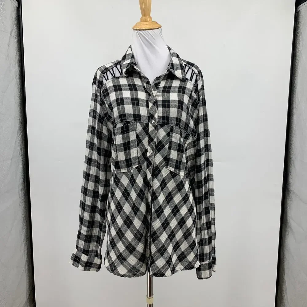 Free People Shirt Womens M Medium Black White Plaid Lace Up Shoulder Snap Button